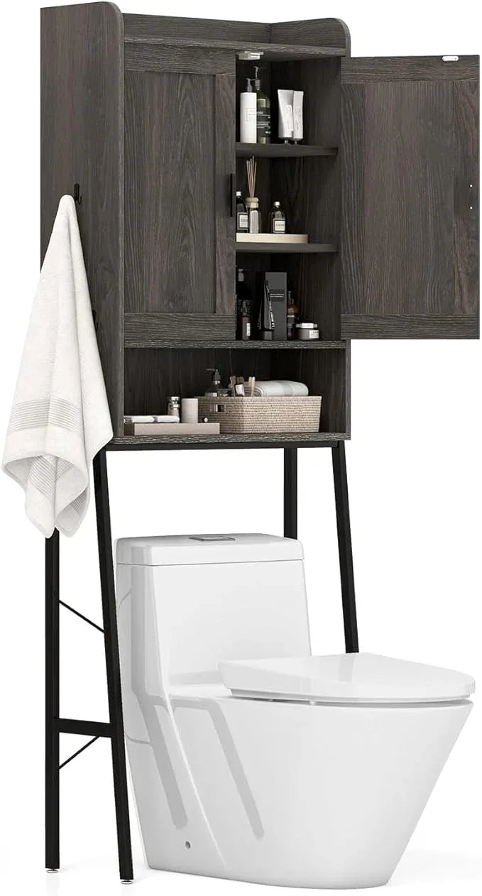 Giantex Over The Toilet Storage Cabinet, Freestanding Space Saver Above Toilet Storage with Metal Stand, Adjustable Shelves & 2 Hooks, Wooden Over Toilet Bathroom Organizer for Laundry Room, Restroom - ModernBath