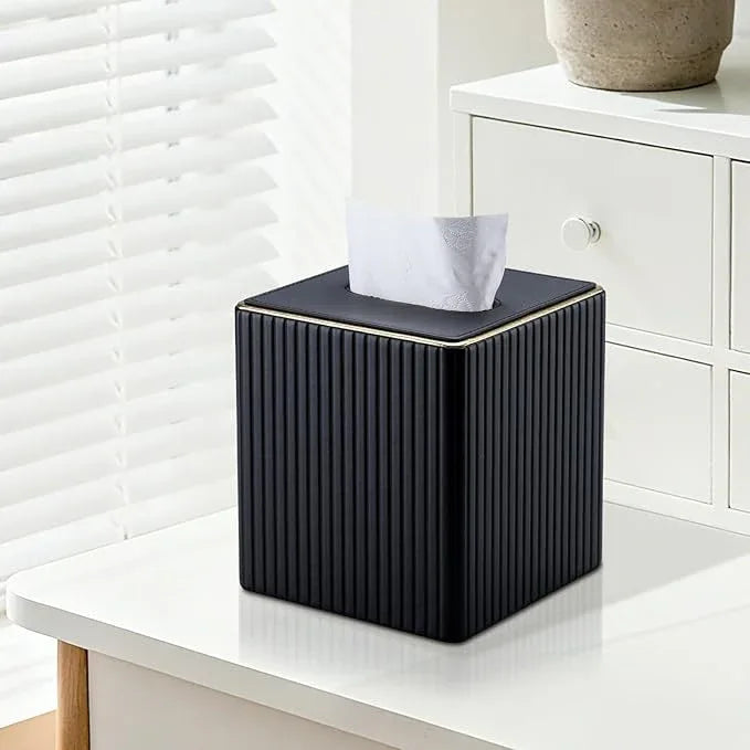 KINGFOM Tissue Box Cover, PU Leather Square Tissue Box Holder for Kleenexs with Magnetic Bottom Cover for Facial Tissues/Napkins, Office & Living Room Decor Box Black - ModernBath