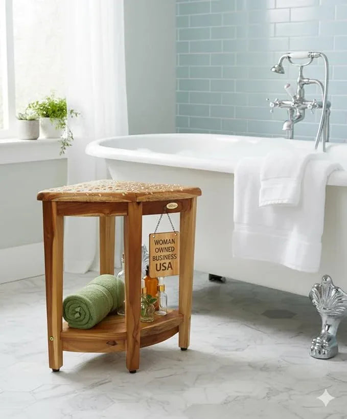 EcoDecors 24" Extended Height Snazzy Corner Natural Color Waterproof Teak Wood Shower Bench Stool Seat Chair for Inside Shower Storage Shelf Provides Safety and Storage for Bathroom Accessories - ModernBath