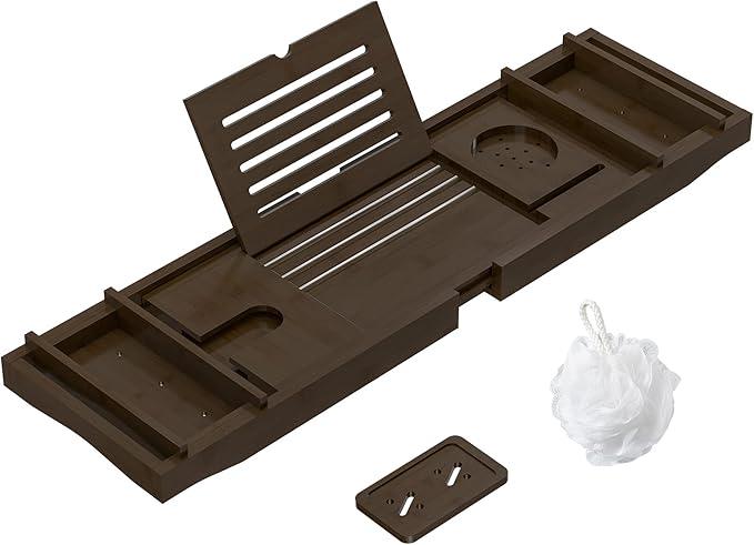 Bamboo Bathtub Tray for Luxury Bathroom, Expandable Premium Bath Tray w/Soap Towel Book Holder, Adjustable Bath Accessories for Tub,Extendable Tub Tray w/Wine Glass Cup Organizer 29.5-43.3" Espresso - ModernBath