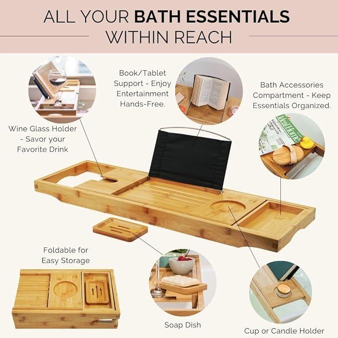 Bath Pillow and Bathtub Tray Set for Tub | Luxurious, Relaxing Home Spa Accessories with Bath Tub Pillows for Head and Neck, Foldable Bath Tray Caddy Organizer | Relaxation Gifts for Women Self Care - ModernBath