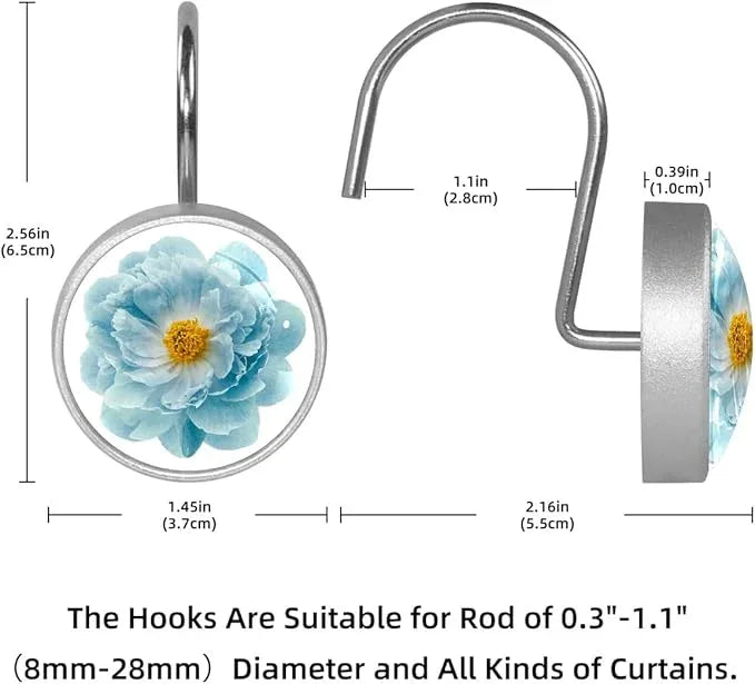 12 Pcs Decorative Shower Curtain Hooks, Rust Proof Glass Surface Stainless Steel Rings for Bathroom Bedroom Kitchen Home Bath Room Rods Decor (Turquoise Peony Flower) - ModernBath