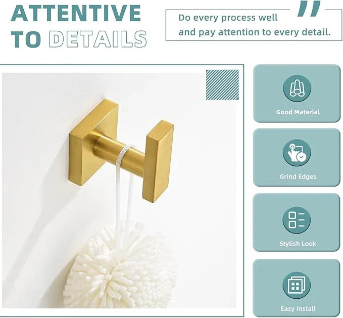 Suyar Towel Hook Brushed Gold, SUS 304 Stainless Steel Bathroom Robe Holder, Wall Mounted - ModernBath