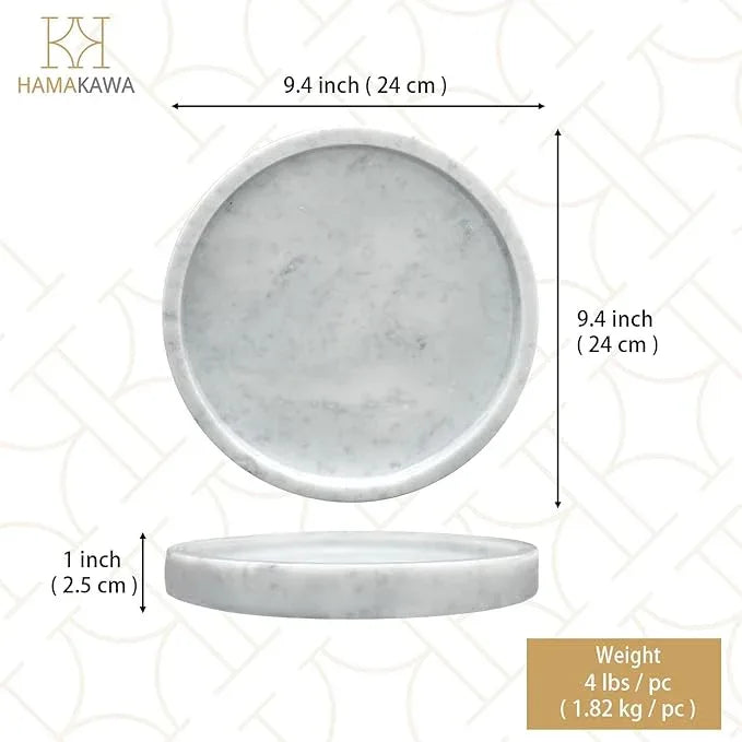 HAMAKAWA Natural Marble Bathroom Vanity Tray, Large Round Sink Tray 9.5 inch, Carrara White Limestone Dresser Tray, Modern Countertop Organizer for Soap Dispenser, Kitchen Counter, Home Decor - ModernBath