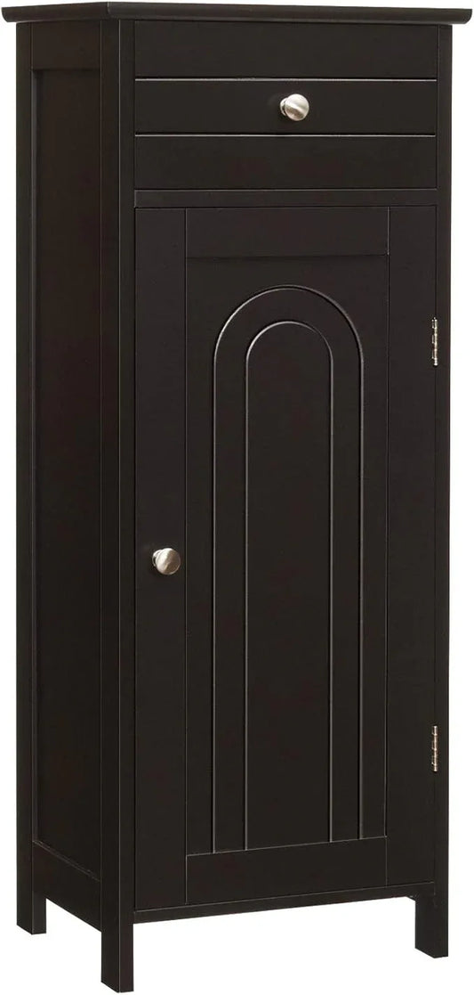 Tangkula Bathroom Floor Cabinet, Wooden Side Storage Cabinet, Freestanding Single Door Bathroom Cabinet with Large Drawer & 2 Adjustable Shelves for Living Room Kitchen (Brown) - ModernBath