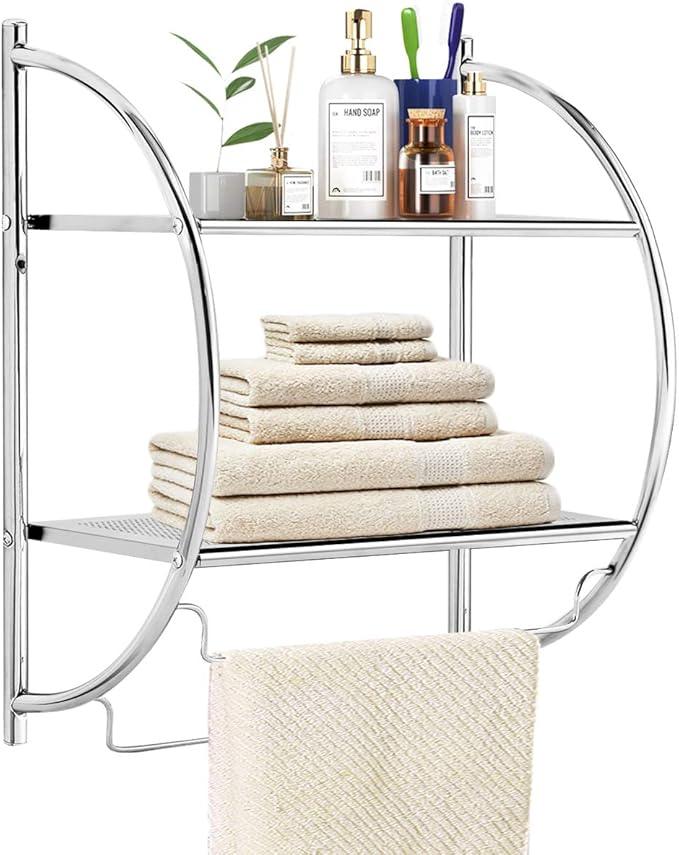 Tangkula Wall Mount 2 Tier Bathroom Shelf with Bars, 18" W X 10" D X 22" H, Home Toilet Double Layer Rustproof Chrome Shelf - ModernBath