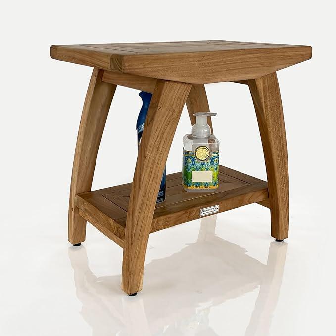 Bayview Patio Indonesian Teak Shower Bench with Shelf 18 Inch Stool | Teak Wood Shower Stool & Spa| Waterproof Shower Bench for Indoor and Outdoor Use| Bathroom Stools for Adults Sitting - ModernBath