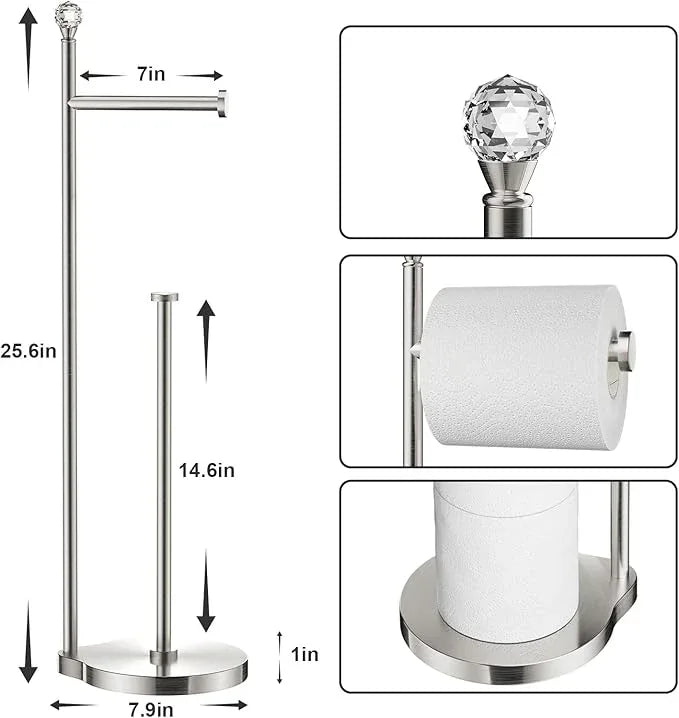 Toilet Paper Holder for Bathroom, Heavy Weighted Metal Free Standing Toilet Paper Storage with Crystal Ball, Toilet Paper Stand for Bathroom Accessories, Brushed Nickel [Holds MEGA Rolls] - ModernBath
