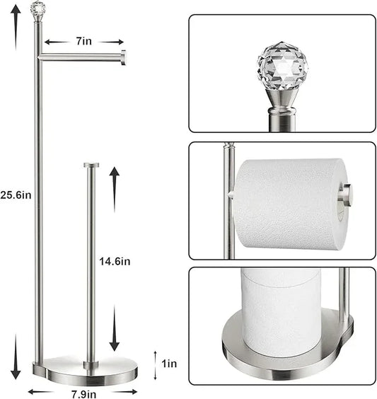 Toilet Paper Holder for Bathroom, Heavy Weighted Metal Free Standing Toilet Paper Storage with Crystal Ball, Toilet Paper Stand for Bathroom Accessories, Brushed Nickel [Holds MEGA Rolls] - ModernBath
