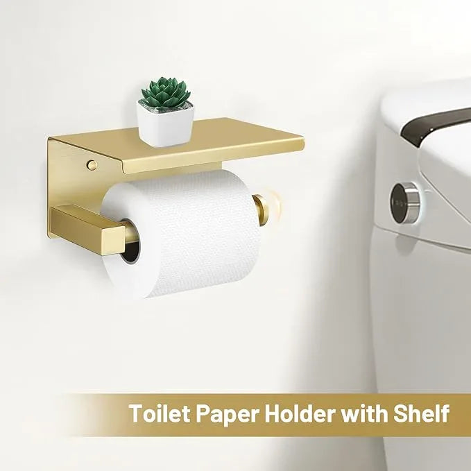 TURS 5-Pieces Brushed Gold Bathroom Hardware Set 23.6 Inch SUS304 Stainless Steel Towel Bar Set Wall Mounted Square Toilet Paper Holder with Shelf - ModernBath