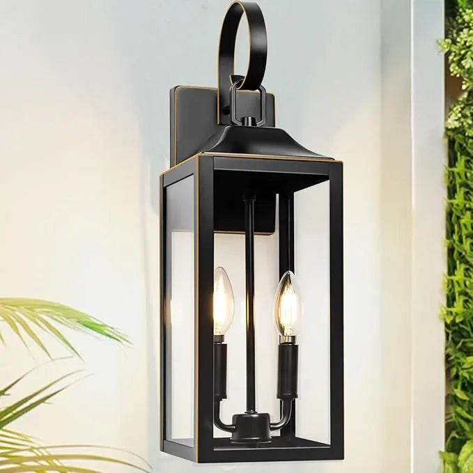 19" Large Outdoor Wall Light - Black Outside Wall Mounted Light Fixture with Gold Trim, Exterior Farmhouse Wall Sconce Lantern, Modern Porch Lighting Exterior Lamp for House 2-Light - ModernBath
