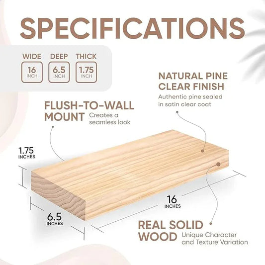 Homeforia 16 inch Natural Floating Shelf, High End Solid Real Wood 16inch Small Floating Shelves for Wall Mounted, Natural Wooden Floating Shelves, Heavy Duty Bracket, 16 X 6.5 X 1.75 in, Set of 2 - ModernBath