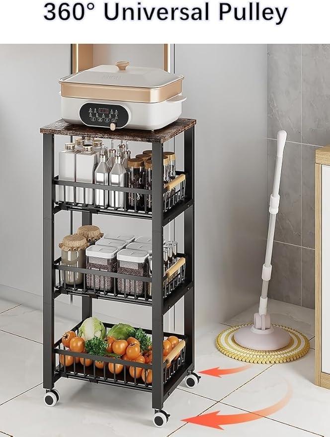 Metal Wire Baskets with Wheels, Stackable Storage Bins Kitchen Organizer Shelf, Multi Layer Fruit Vegetable Cart Dishes Seasonal Rack Freestanding with Pull Out Slide Drawer - ModernBath