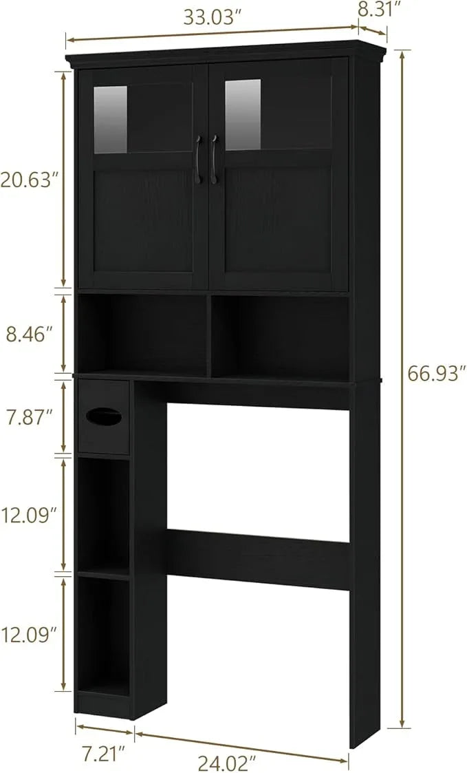 Vabches Over The Toilet Storage Cabinet, Storage Cabinet Over Toilet with Double Doors & Toilet Paper Holder Stand, Freestanding Toilet Shelf Space Saver with Anti-Tip Design & Adjustable Shelf, Black - ModernBath