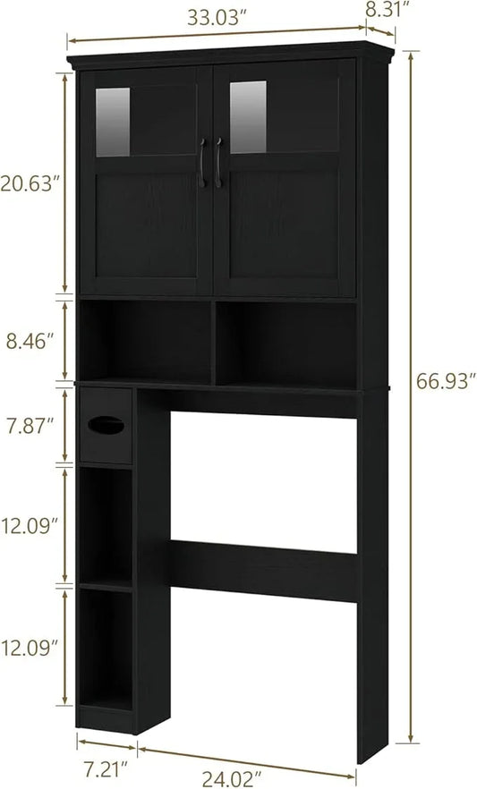Vabches Over The Toilet Storage Cabinet, Storage Cabinet Over Toilet with Double Doors & Toilet Paper Holder Stand, Freestanding Toilet Shelf Space Saver with Anti-Tip Design & Adjustable Shelf, Black - ModernBath