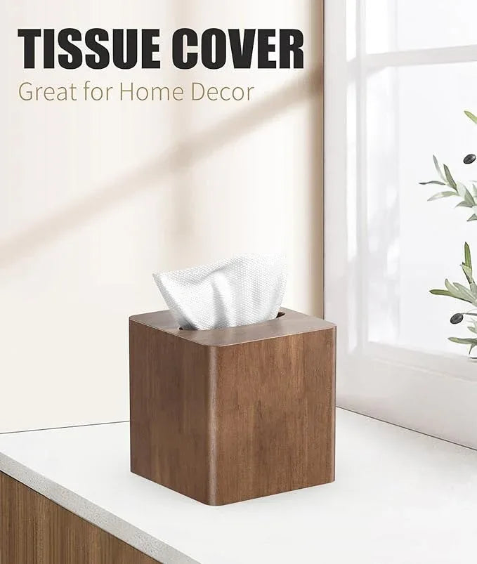 Livelab Tissue Box Cover Square - Oak Wood Tissue Box Holder for Living Room, Dinner Table, Bathroom, Office - Decorative Wooden Cube Facial Tissue Cover for Modern Farmhouse Home Decor | Brown - ModernBath
