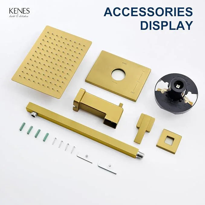 KENES Brushed Gold Tub and Shower Trim Kit, Square Tub Shower Faucet Set Complete with 10-Inch Rainfall Shower Head and Tub Spout, KE-6024A-4 (Shower Valve Included) - ModernBath
