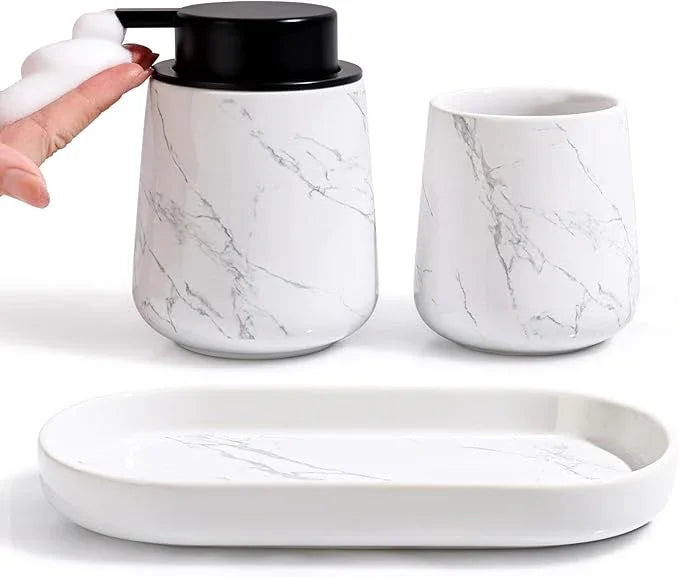 BosilunLife Bathroom Accessories Set 3 pcs - Bathroom Ceramic Foaming Soap Dispenser Set Farmhouse Marble Bathroom Decor, Foam Soap Dispenser and Toothbrush Holder/Tumbler Cup, Tray - ModernBath