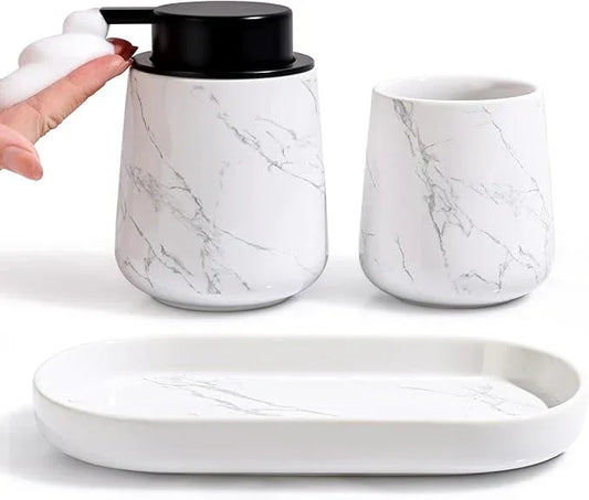 BosilunLife Bathroom Accessories Set 3 pcs - Bathroom Ceramic Foaming Soap Dispenser Set Farmhouse Marble Bathroom Decor, Foam Soap Dispenser and Toothbrush Holder/Tumbler Cup, Tray - ModernBath