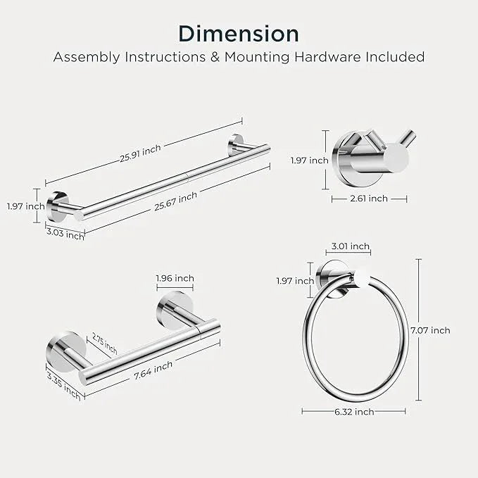 FORIOUS Bathroom Hardware Accessories Set, SUS304 Stainless Steel 24 Inch Towel Bar Set, Modern Towel Racks Holder for Bathroom Wall Mounted, 4 Pieces, Chrome - ModernBath