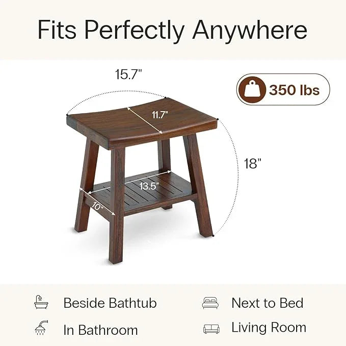StrongTek Teak Shower Stool with Storage Shelf, 18-Inch Solid Teak Wood Bath Seat Bench, Ergonomic Curved Seat, Easy Assembly, Water-Resistant, 350 lbs Capacity, Ideal for Bathroom, Spa & Home Use - ModernBath