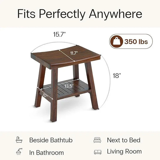 StrongTek Teak Shower Stool with Storage Shelf, 18-Inch Solid Teak Wood Bath Seat Bench, Ergonomic Curved Seat, Easy Assembly, Water-Resistant, 350 lbs Capacity, Ideal for Bathroom, Spa & Home Use - ModernBath
