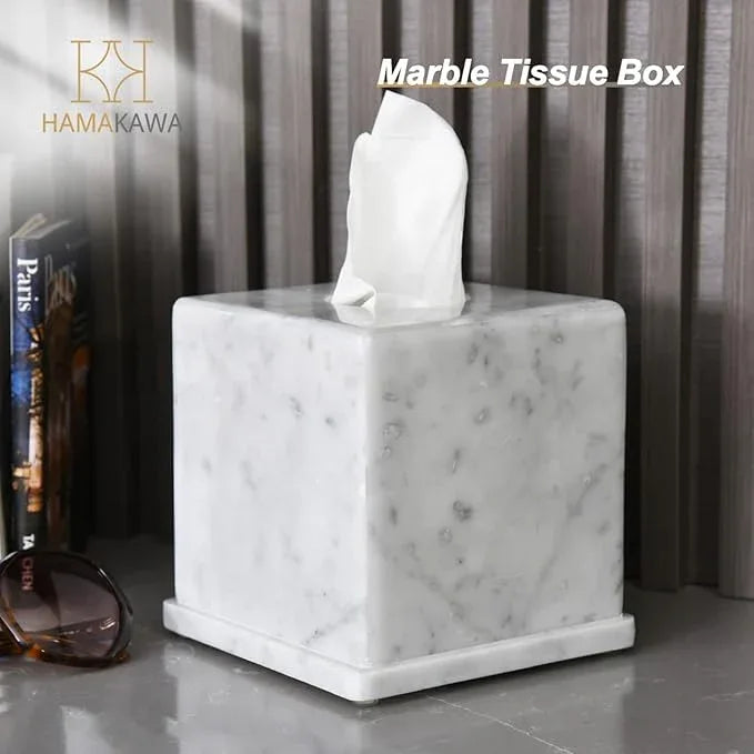 HAMAKAWA Natural Marble Tissue Box Cover, Carrara White Tissue Organizer 6 X 6 X 5.7 Inch, Heavy Stone Decorative Box, Square Tissue Box Holder for Home Decor, Kitchen, Bathroom, Bedroom - ModernBath