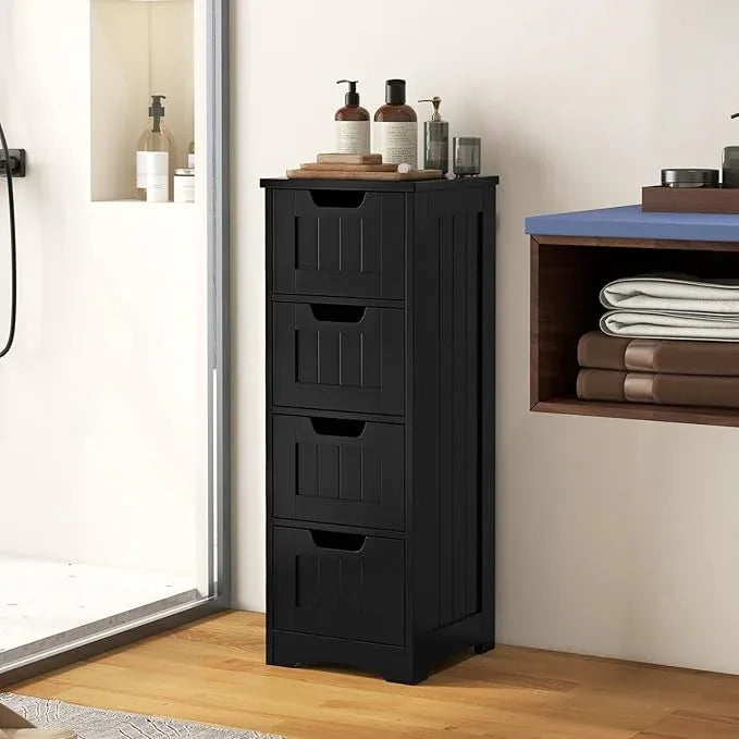 LOKO Floor Storage Cabinet with 4 Drawers, Bathroom Cabinet with Anti-toppling Device, Multifunctional Floor Cabinet for Bathroom, Living Room, Kitchen, 12 x 12 x 32 inches (Black) - ModernBath