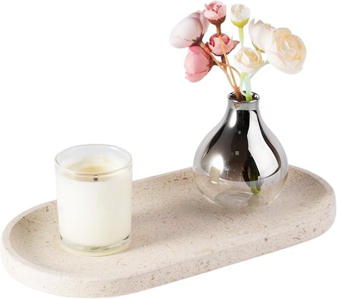 Koville Marble Vanity Tray for Decor, Natural Bathroom Tray for Bathroom Countertop, Stone Decorative Trays for Dresser Organizer, Storage Trays for Perfume, Jewelry Holder(Beige Yellow) - ModernBath