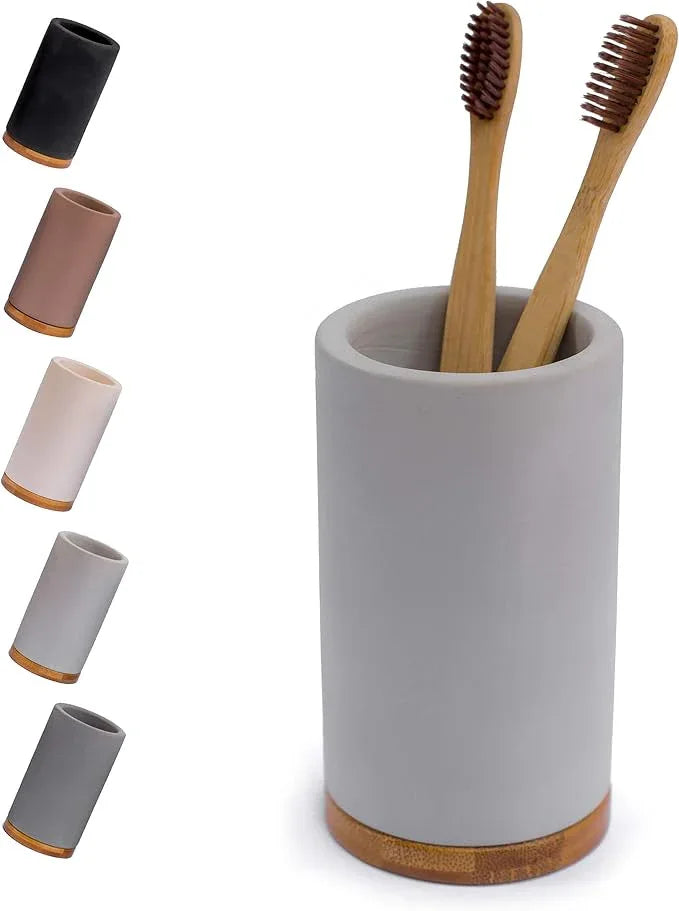 Matani Bamboo Toothbrush Holder Diatomite Tooth Brush Organizer - Storage Stand for Small Bathroom & Counter - Removable Base & Drain Holes, Water-Absorbent & Quick-Drying (Grey & Light Grey) - ModernBath