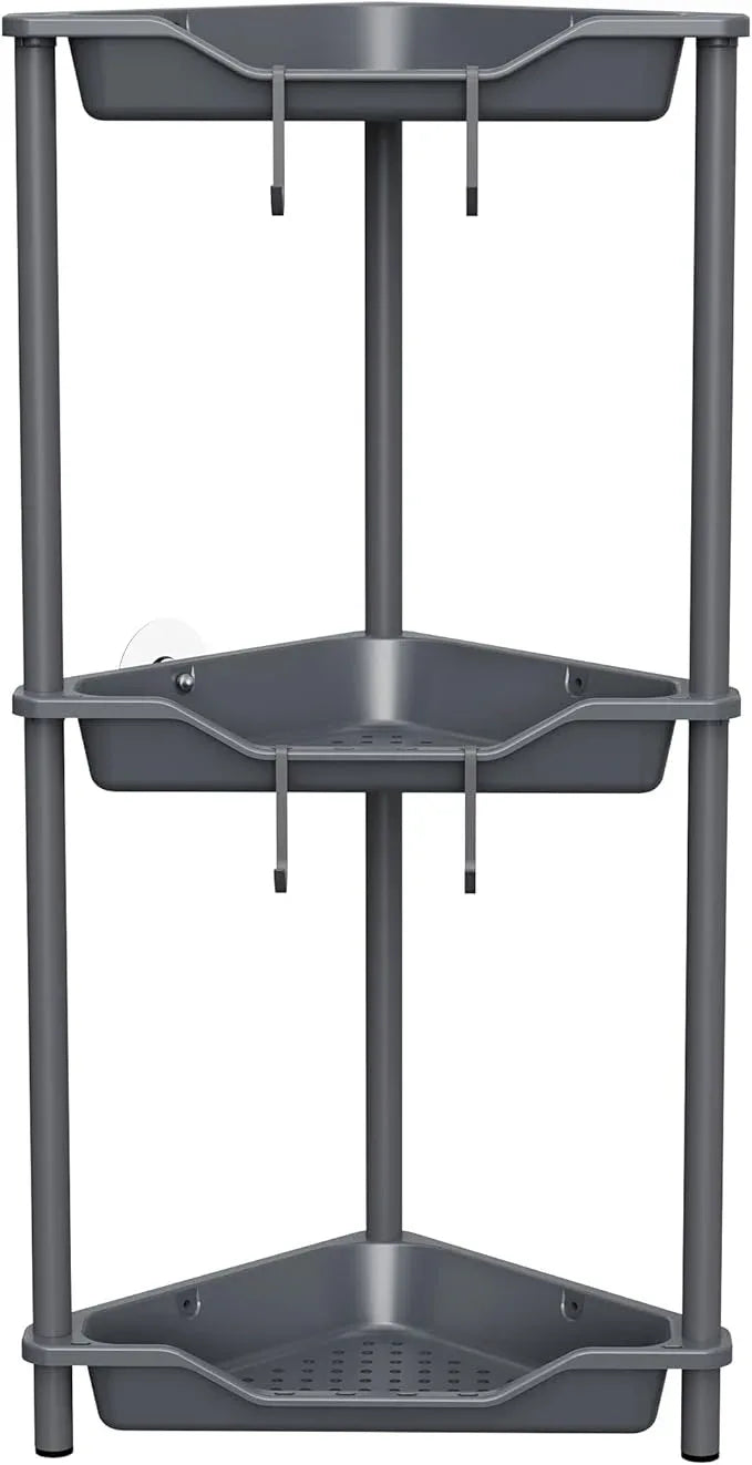 Orimade Rustproof 3 Tier Floor Standing Corner Shower Caddy Organizer, Plastic Metal Splicing Floor Corner Shelf Rack Stands for Bathroom, Grey - ModernBath