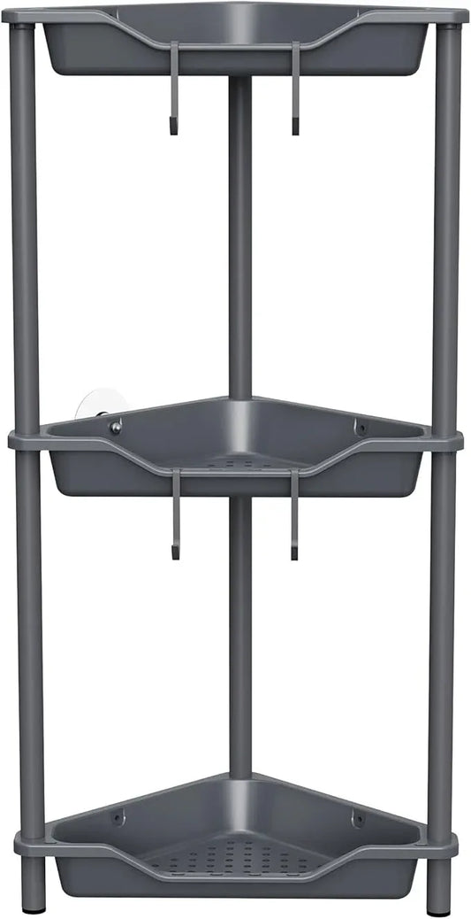 Orimade Rustproof 3 Tier Floor Standing Corner Shower Caddy Organizer, Plastic Metal Splicing Floor Corner Shelf Rack Stands for Bathroom, Grey - ModernBath