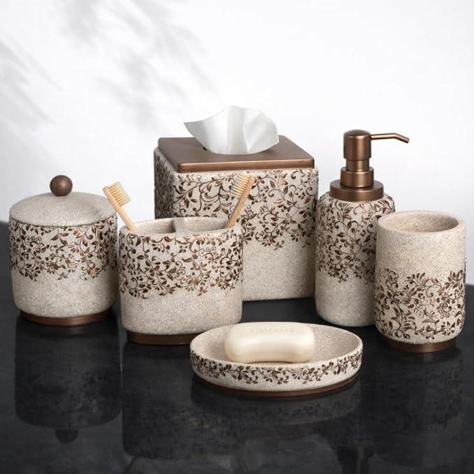 Decozen Bathroom Accessories Set 6Pcs – Soap Dispenser, Toothbrush Holder, Tumbler, Soap Dish & Cotton Swab Jar – Modern Bathroom Decor, Bath Set for Christmas Decor - ModernBath