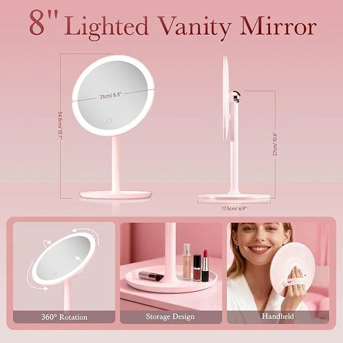 Amifiy Magnetic Makeup Mirror with Lights, 8" Pink Vanity Mirror with Lights, 360° Rotation, 3 Colors & Brightness Adjustable, Lighted Makeup Mirror for Desk, Gifts for Kids/Girls/Teens/Women - ModernBath