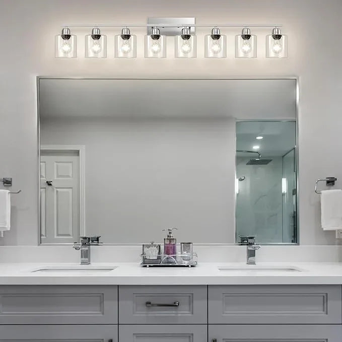 FAISHILAN Modern Brushed Nickel 8 Light Bathroom Light Fixtures,52 inch Vanity Lights for Bathroom with Clear Glass for Mirror Kitchen Living Room Hallway Cabinet Porch - ModernBath