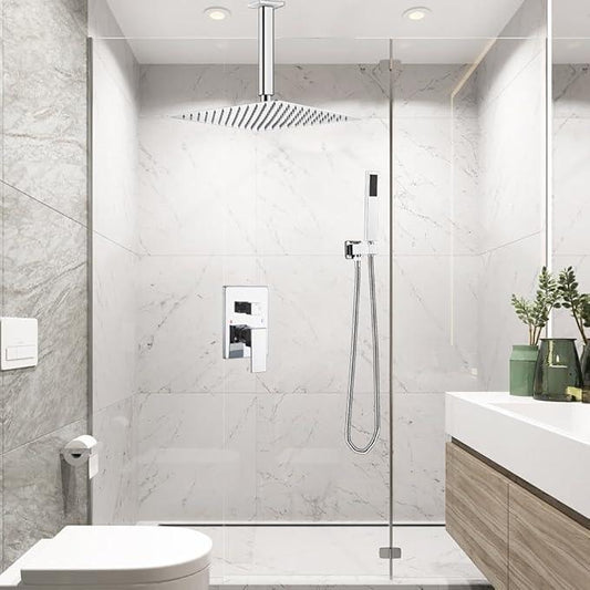 Heable Polished Chrome Shower System Bathroom 16 Inch Rain Shower Head Ceiling Mount with Handheld Luxury High Pressure Shower Combo Set Shower Faucet Rough-in Valve Body and Trim Kit - ModernBath