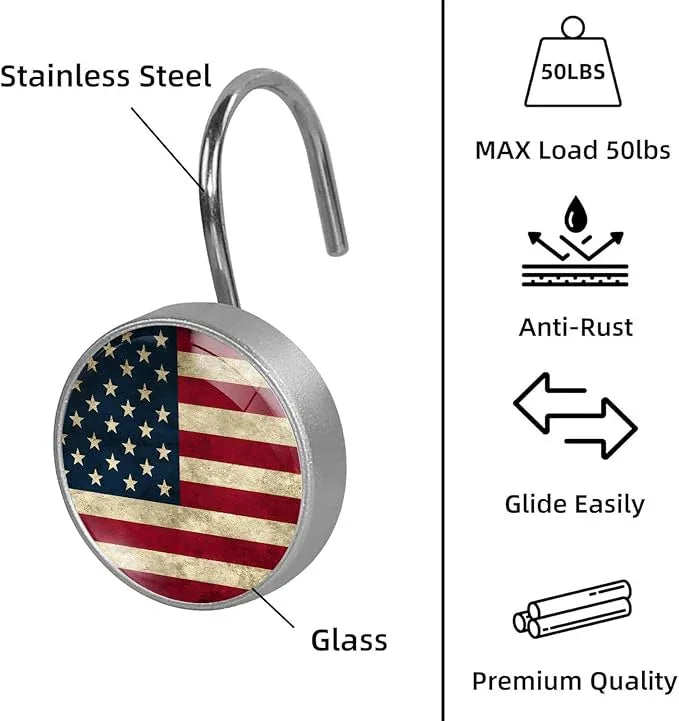 Rustic American Flag Shower Curtain Hooks Set of 12 Rustproof Metal Shower Hooks for Curtains Rods Shower Curtain Rings for Bathroom Living Room Bedroom Decor - ModernBath