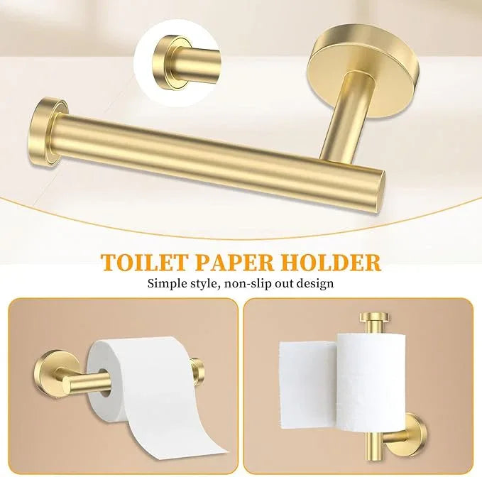Brushed Gold Towel Bar Set 5 Pieces Round Bathroom Hardware Set Includes 23.6in Towel Bar Towel Ring Toilet Paper Holder Towel Hooks Stainless Steel Wall-Mounted Bathroom Towel Holder Set - ModernBath