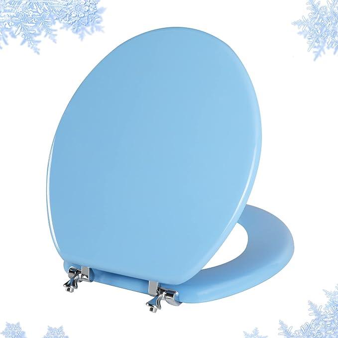 Blue Round Toilet Seat Natural Wood Toilet Seat with Zinc Alloy Hinges, Easy to Install also Easy to Clean, Scratch Resistant Toilet Seat by Angol Shiold (Round, Blue) - ModernBath