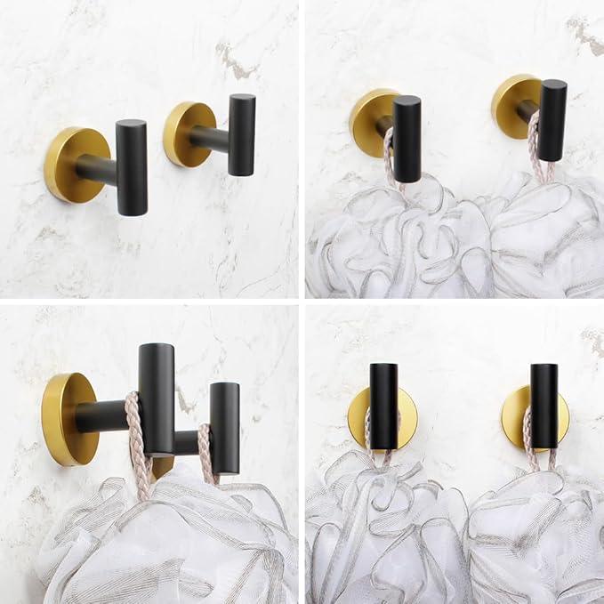 5-Pieces Bathroom Accessories Kit Black & Gold Wall Mounted - Includes 24" Double Towel Bar, 12" Hand Towel Bar, Toilet Paper Holder, 2X Robe Towel Hooks - ModernBath