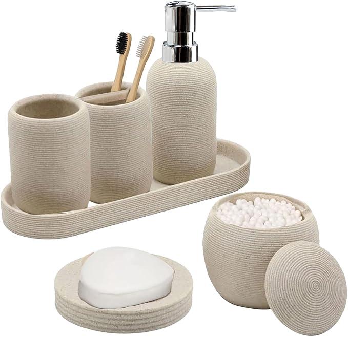 Bathroom Accessory Set, 6PCS Beige Bathroom Accessories - Soap Dish, Lotion Dispenser, Toothbrush Holder, Mouthwash Cup, Tray, Cotton Ball Jar, Aesthetic Decor Bathroom Sets - ModernBath