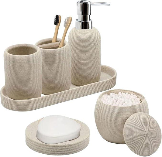 Bathroom Accessory Set, 6PCS Beige Bathroom Accessories - Soap Dish, Lotion Dispenser, Toothbrush Holder, Mouthwash Cup, Tray, Cotton Ball Jar, Aesthetic Decor Bathroom Sets - ModernBath