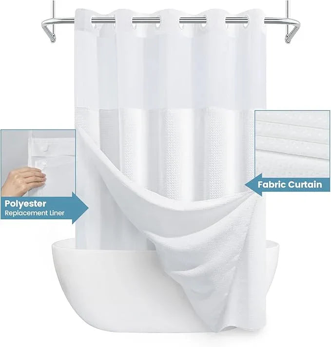 EUTXL White No Hook Shower Curtain with Snap in Liner,230GSM Waffle Weave Shower Curtains for Bathroom,71W x 74H - ModernBath