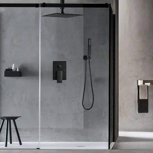 JingGang 10 Inch Ceiling Mounted Shower System Rain Mixer Shower Combo Set Rainfall Shower Head System Matte Black Shower Faucet Rough-in Valve Body and Trim Kit Included - ModernBath
