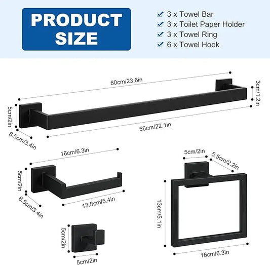 Cilee 15-Pieces Bathroom Hardware Set - Matte Black Bathroom Accessories, 24 Inch Towel Bar, Square Towel Ring, Toilet Paper Holder, Towel Hook, Wall-Mounted Stainless Steel Towel Bar Rack Set - ModernBath