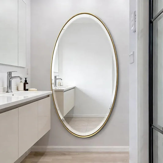 POZINO Brushed Gold Beveled Mirror, 28"x48" Large Brass Oval Mirrors, Bathroom Mirror for Over Sink, Modern Rounded Vanity Wall Mirrors in Premium Stainless Steel Frame, Hangs Horizontal Or Vertical - ModernBath