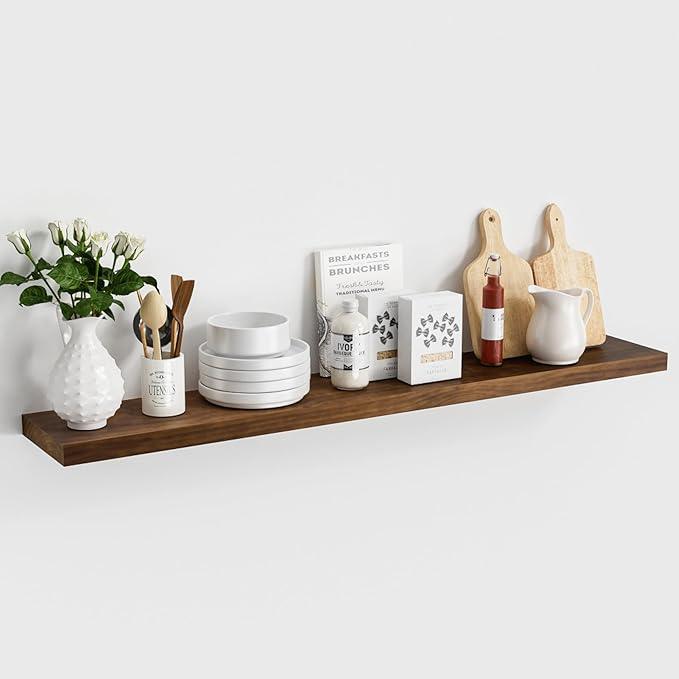 Vivelove Solid Wood Rustic Floating Shelves 36 Inch Long, 8 inch Deep Floating Wall Shelves for Living Room Kitchen Bedroom Bathroom Office, Farmhouse Home Decor, 1 Pack, Dark Walnut, Pine Wood - ModernBath