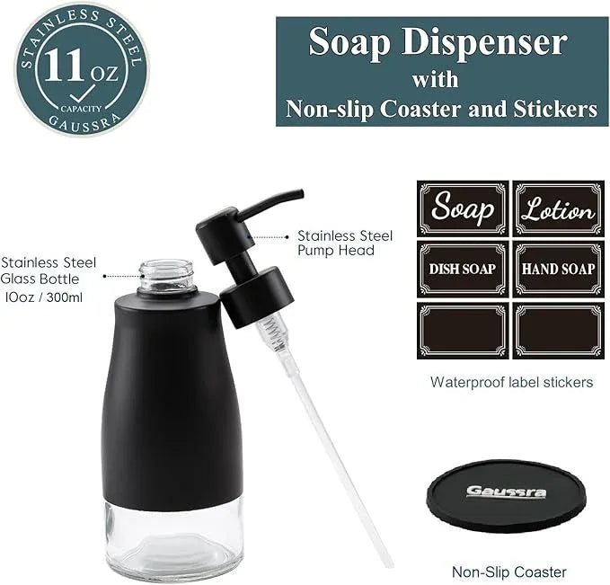 Gaussra Black Soap Dispenser with Coasterand Stickers, Refillable Liquid Stainless Steel Soap Dispenser for Kitchen Sink, Bathroom Countertop (11OZ / 320ML) - ModernBath