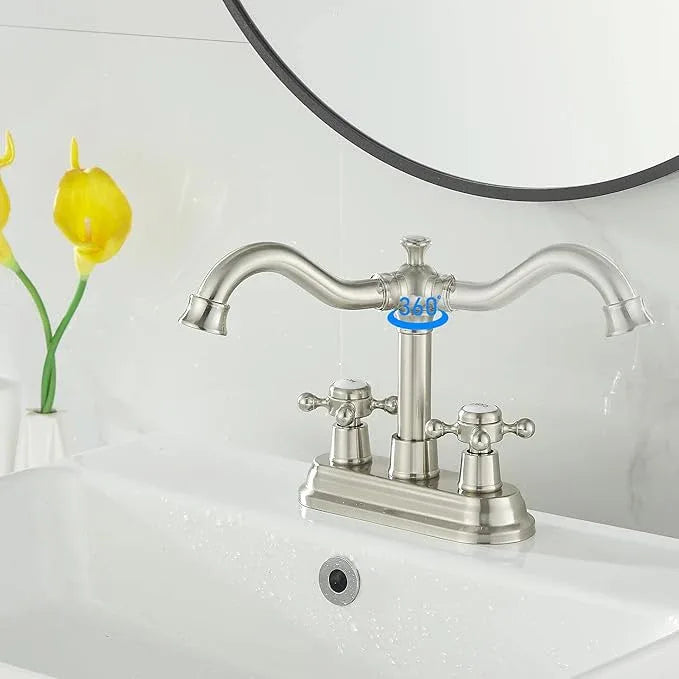 GGStudy Bathroom Faucet Brushed Nickel 2 Handles 4 Inches Centerset RV Vanity With Drain Assembly and Supply Hose - ModernBath
