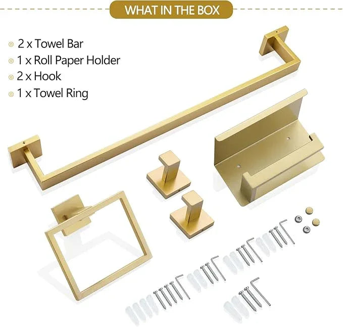 TNOMS 6-Piece Bathroom Hardware Set 23.6 Inch Gold Towel Bar Set Double Towel Bar Towel Ring Coat Hook and Toilet Paper Holder with Shelf Wall Mounted Stainless Steel Bathroom Accessories Set - ModernBath